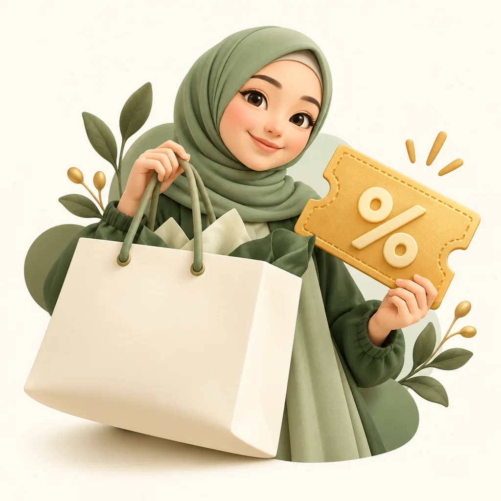 Ilustrasi kartun ahli JRM dengan beg membeli-belah dan tiket diskaun