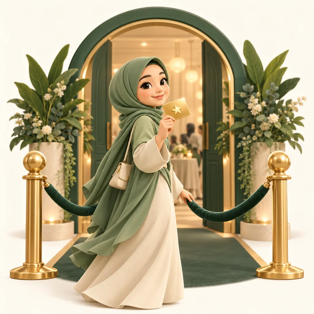 Ilustrasi kartun ahli JRM dengan pas keahlian di pintu masuk acara