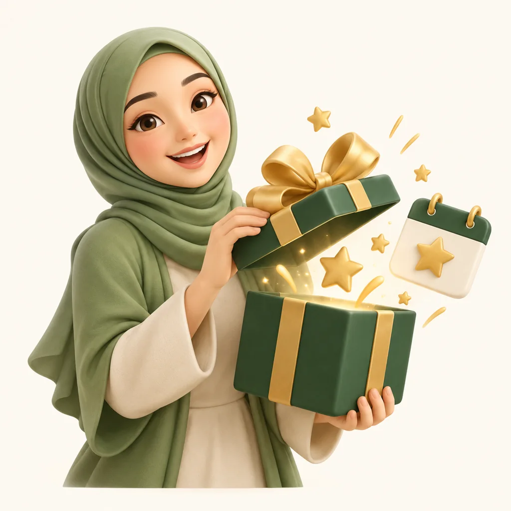Ilustrasi kartun ahli JRM dengan hadiah dan kalendar promosi